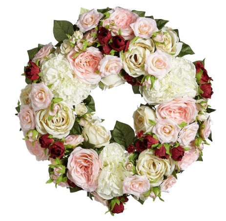 FWX103-CR/BS (00229) - Rose/Peony Wreath Cream Blush 17"