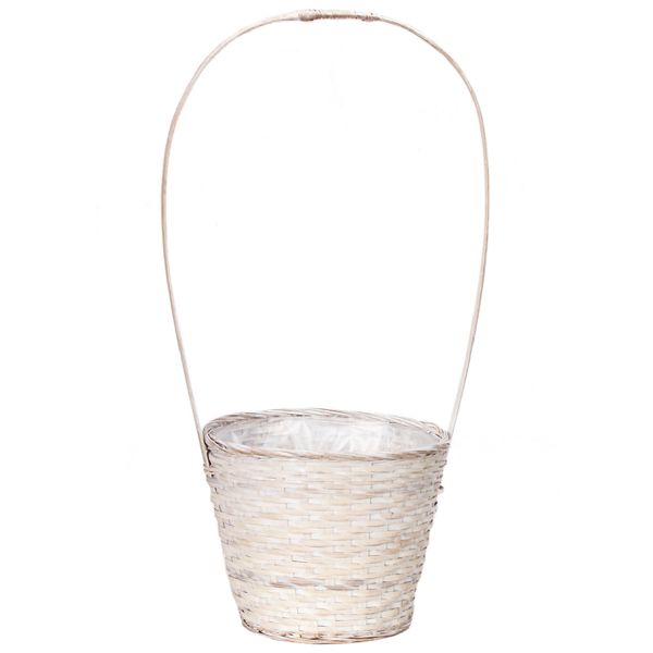 1-739EWW/1 (26845) - 7" White Wash Bamboo Round Basket, 7" x 6" with 20" Handle
