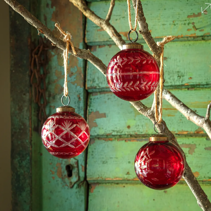 PHDXMA240158+ (11485) - Glass Etched Ball 3" Ornament Ea. Red