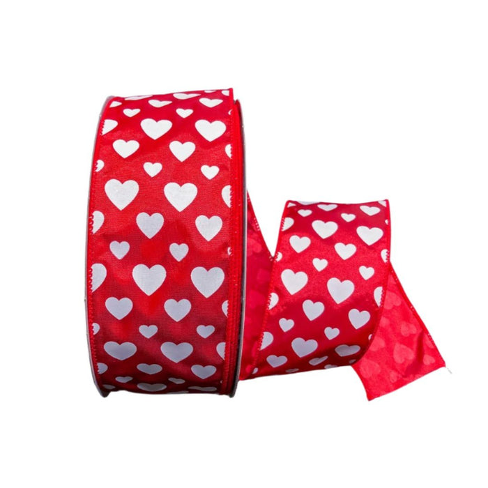 Q501640-205 (29000) - Red Satin/White Hearts 2.5"X50Yd