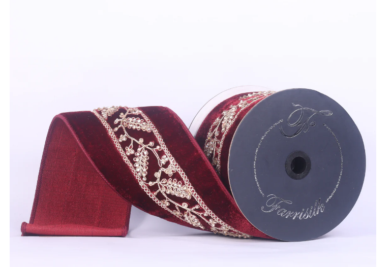 RK964-11 (11446) - Odette Velvet Diamond Embroidered, 2.5"X5Yd Burgundy