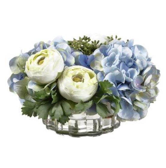 WF0681-BL/GR (31471) - Hydrangea Ranunculus Arrangement In Ribbed Vase Bl 6.5"X10"