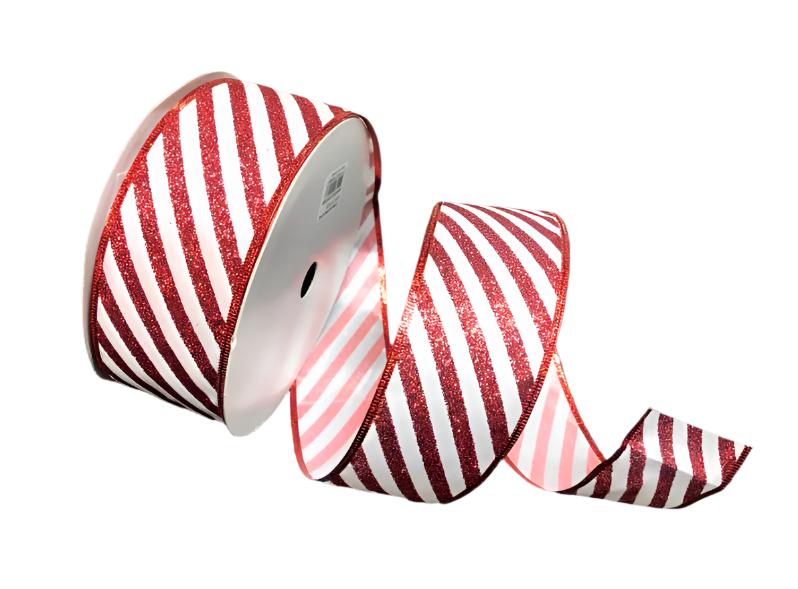 X501840-534 (27597) - Satin Glitter Candy Cane, Red/White 2.5"X50Yd