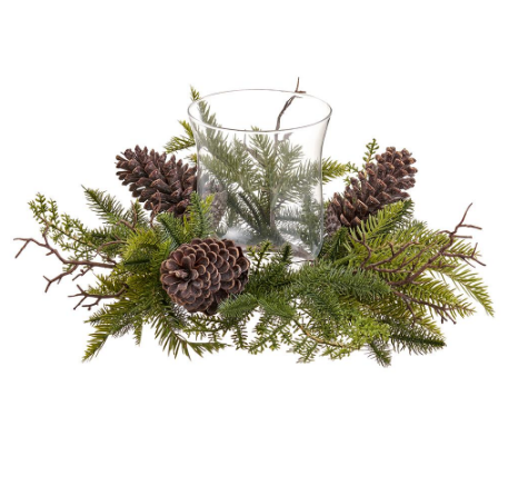 XDC385-BR/GR (11241) - Pine Cone/Pine Centerpiece W/Glass Candleholder Brown Green