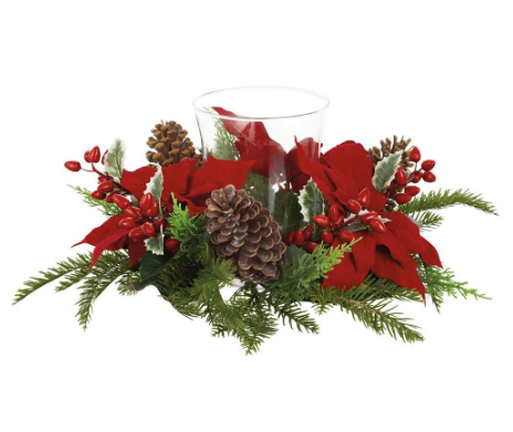 XDC543-RE/GR (00269) -  Poinsettia Holly Berry Pine Glass Candle Holder 7.8"x18" (N)
