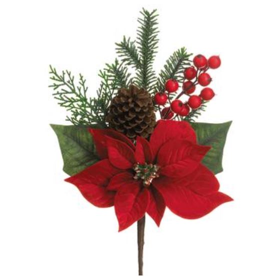 XDS636-RE (31385) - Velvet Poinsettia/Berry/Cone/Pine Spray Red 15"