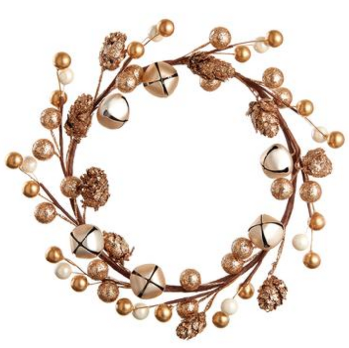 XDW085-GO (29310) - Pinecone Jingle Bell Wreath Gold 6.5"