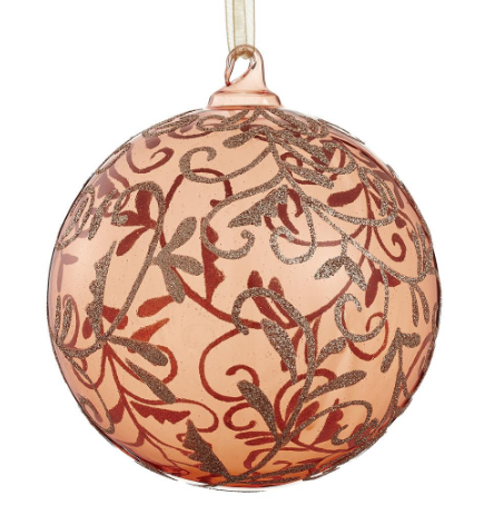 XGM211-CO/CN (42) - Glittered Swirl Glass Ball Ornament 4.75" Coral/Champagne