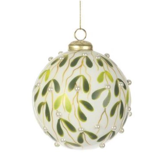 XGM885-GR/WH (30990) - Mistletoe Glass Ball Ornament Green/White 4"