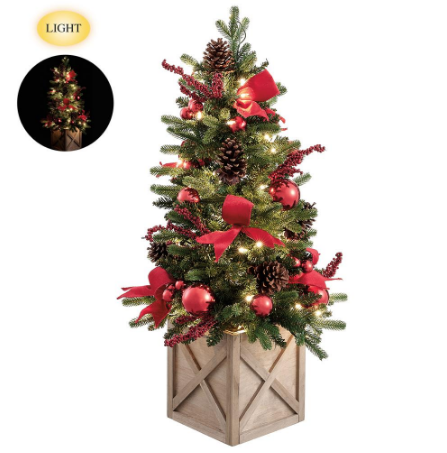 XLT957-RE/GR (00405) - Berry/Ball/Pine Tree In Wood Planter W/Lights Red Green 38"