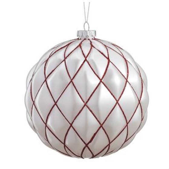 XN4053-WH/RE (30986) - Glittered Plastic Ball Ornament White/Red 6"