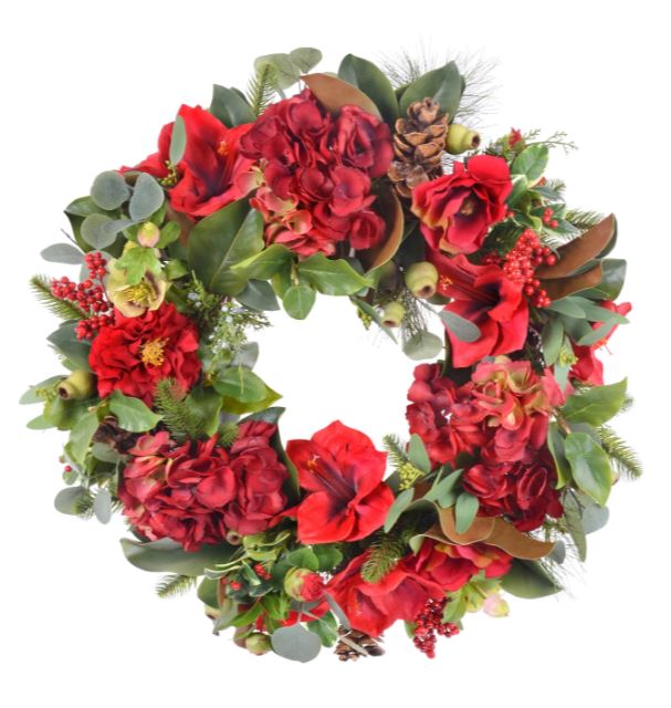 XP085016.RDGR (31123) - Amaryllis Hydrangea Wreath 25"