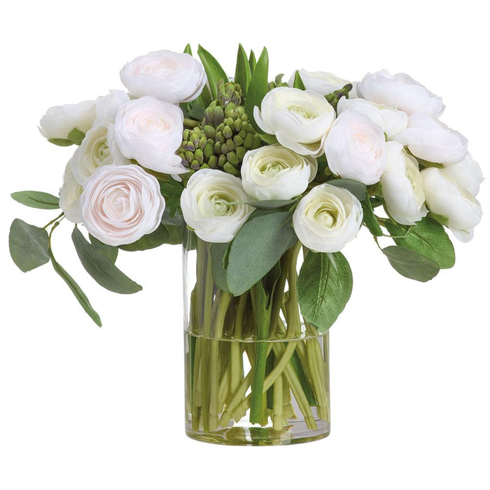 WF0762-CR/GR (00152) - Ranunculus in Glass Vase 14"x14"x16" Cream/Green